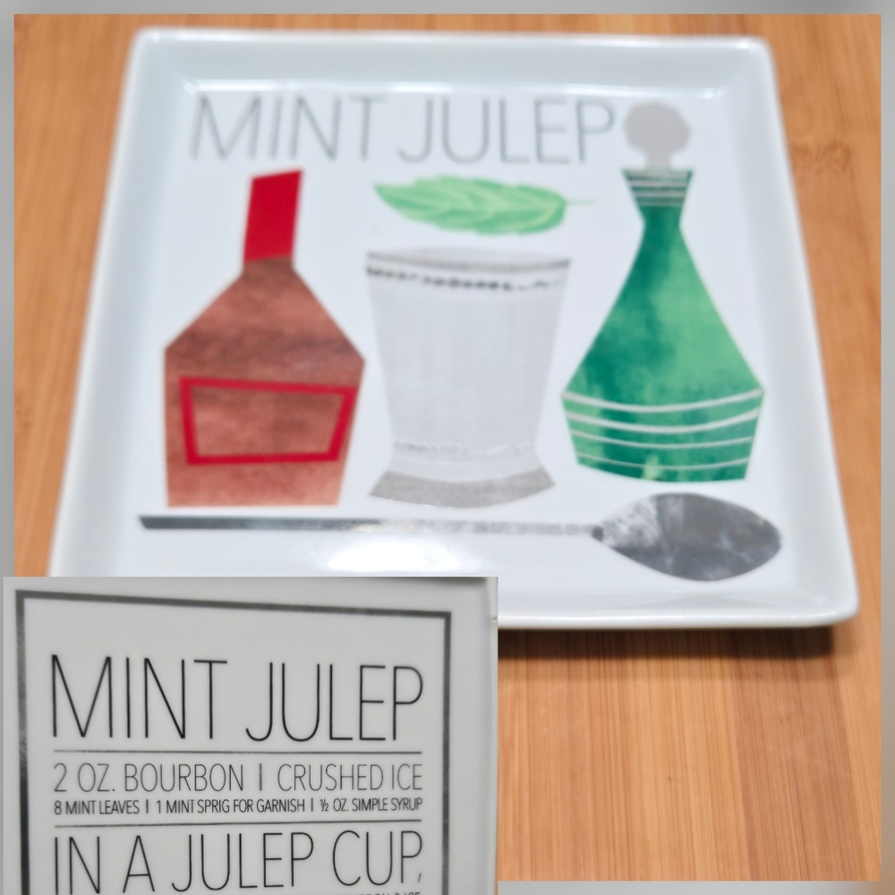 Crate & Barrel Mint Julep Plate Trinket Dish Appetizer, recipe on back